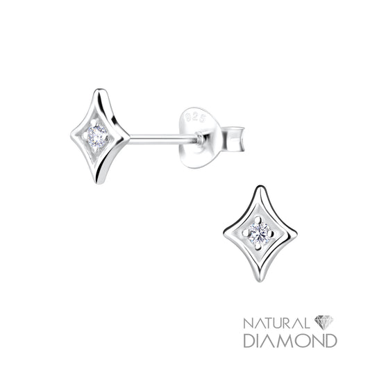 Silver Diamond Shaped Stud Earrings With Natural Diamond