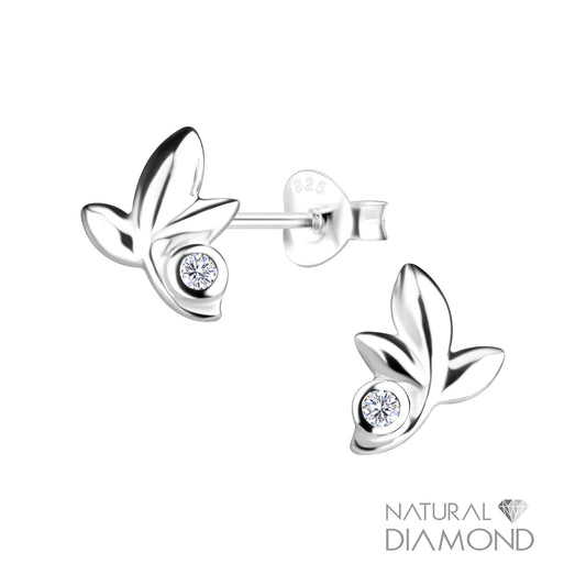 Silver Leaf Stud Earrings With Natural Diamond