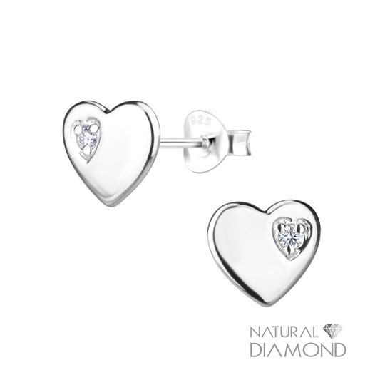 Silver Heart Stud Earrings With Natural Diamond