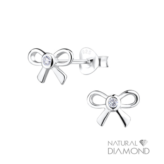 Silver Bow Stud Earrings With Diamond