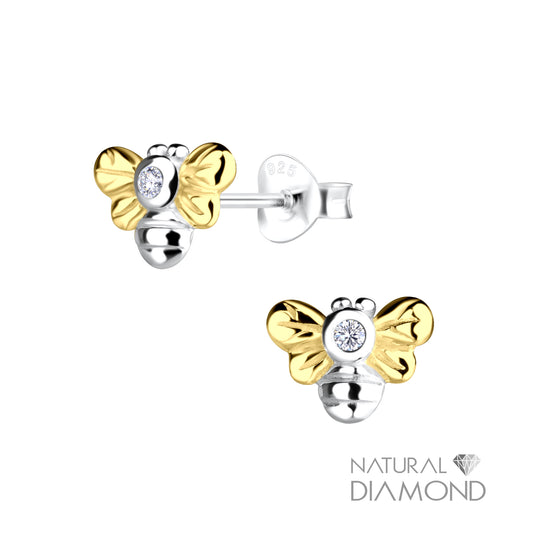 Silver Bee Stud Earrings With Natural Diamond