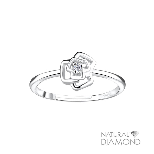 Silver Rose Flower Adjustable Ring With Natural Diamond