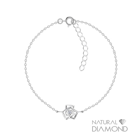 Silver Rose Flower Bracelet With Natural Diamond