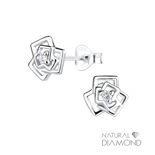 Silver Rose Flower Stud Earrings With Natural Diamond