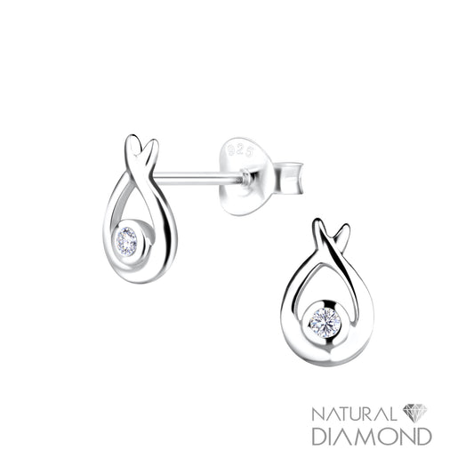 Silver Tear Drop Stud Earrings With Natural Diamond
