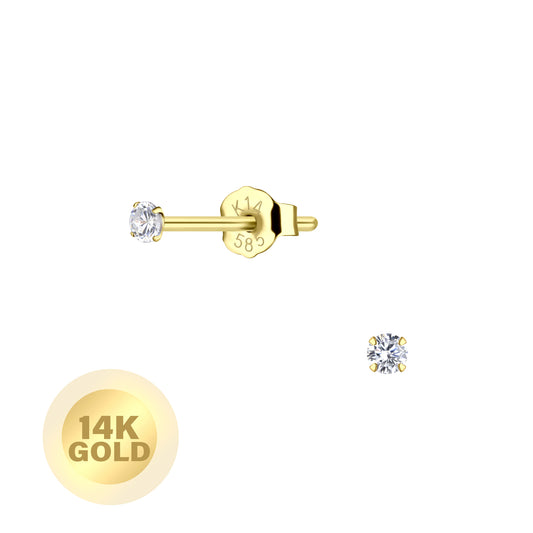 14K Solid Gold d“ 2mm Round Cubic Zirconia Stud Earrings - White