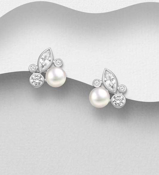 925 Sterling Silver Earrings Decorated with Freshwater Pearls and CZ Simulated Diamonds
