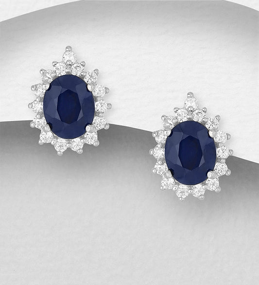 925 Sterling Silver Omega Lock Earrings, Decorated with Blue Sapphire and CZ Simulated Diamonds