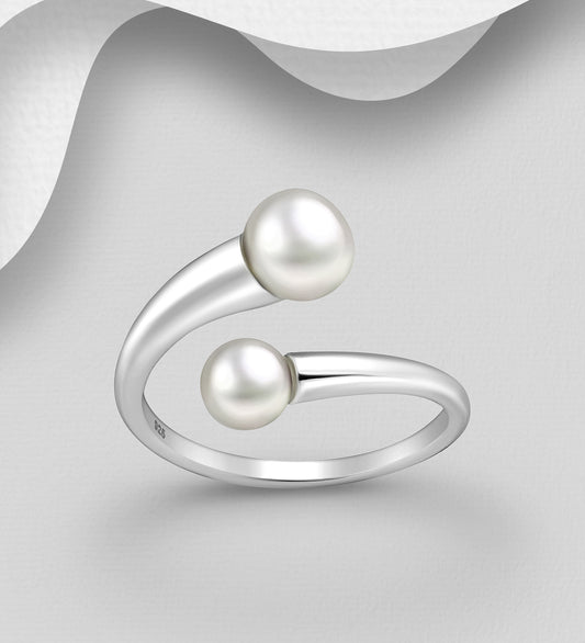 925 Sterling Silver Adjustable Ring, Decorated with Simulated Pearl