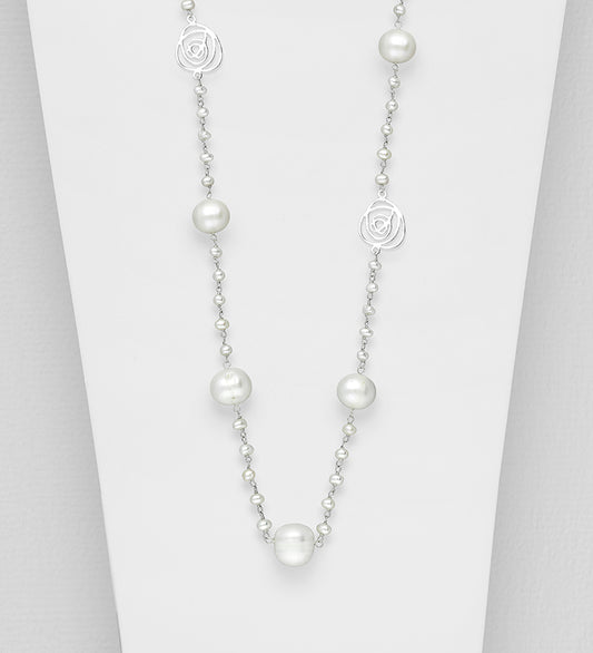 925 Sterling Silver Rose Necklace Beaded With Fresh Water Pearls