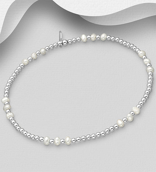 925 Sterling Silver Ball Elastic Bracelet, Beaded with Freshwater Pearl Beads