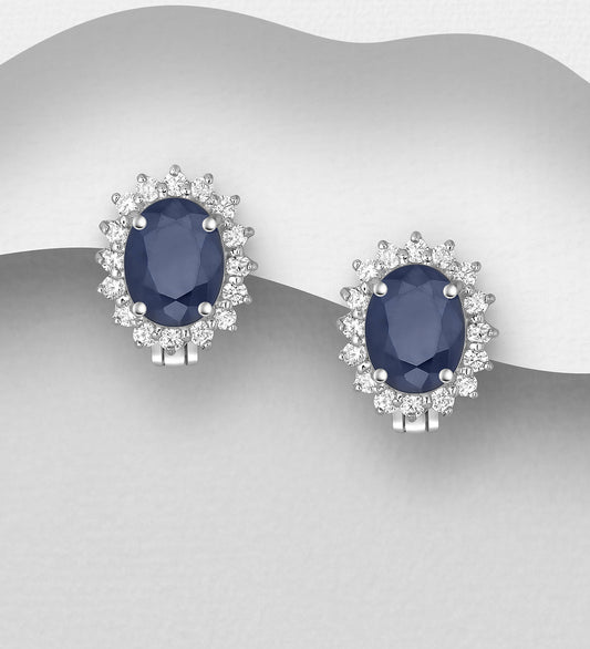 925 Sterling Silver Halo Omega Lock Earrings, Decorated with CZ Simulated Diamonds and Blue Sapphire