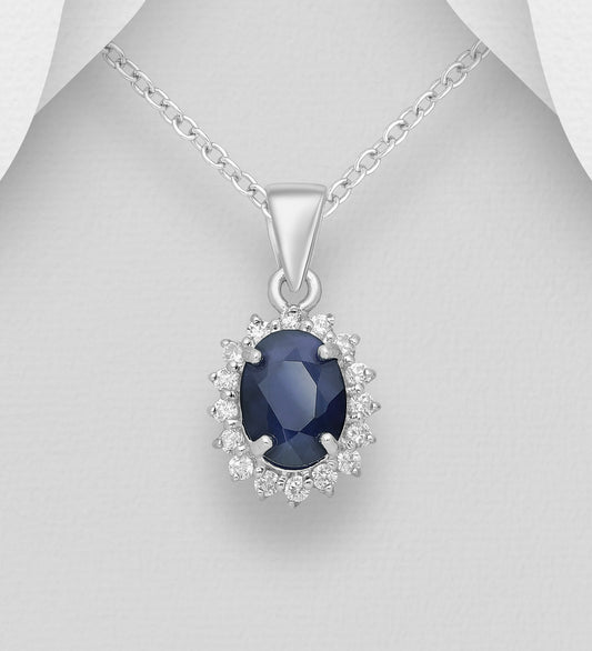 925 Sterling Silver Halo Pendant, Decorated with Blue Sapphire and CZ Simulated Diamonds