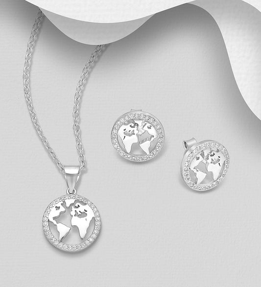925 Sterling Silver World Map Set of Push-Back Earrings and Pendant Decorated with CZ
