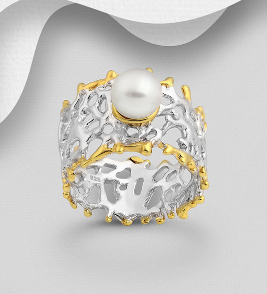 ADIORE - 925 Sterling Silver Ring Decorated with Freshwater Pearl, Plated with 3 Micron 22K Yellow Gold and White Rhodium