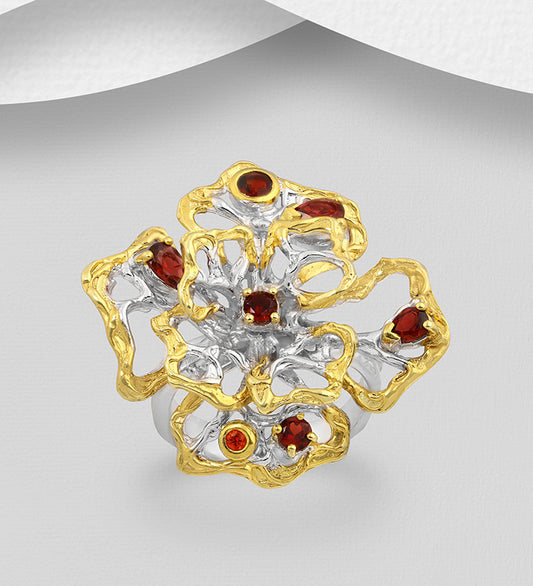 ADIORE - 925 Sterling Silver Ring Decorated with Orange Sapphire and Garnets, Plated with 3 Micron 22K Yellow Gold and White Rhodium