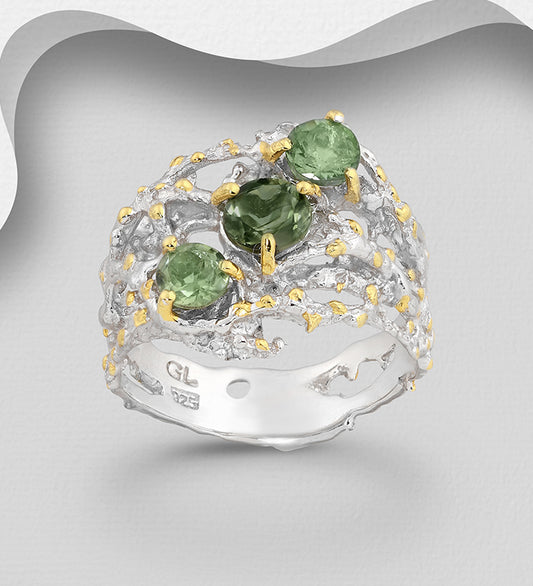 ADIORE - 925 Sterling Silver Ring Decorated with Green Tourmaline, Plated with 3 Micron 22K Yellow Gold and White Rhodium