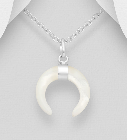 925 Sterling Silver Horn Pendant Decorated with Shell