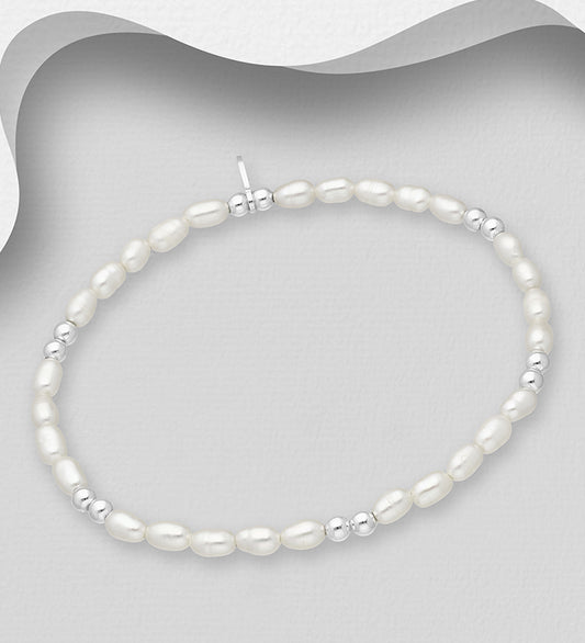 925 Sterling Silver Ball Bracelet, Beaded with Freshwater Pearls, Shape and Size Will Vary.