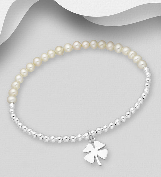 925 Sterling Silver Ball and Clover Bracelet, Beaded with Freshwater Pearls, Shape and Size Will Vary