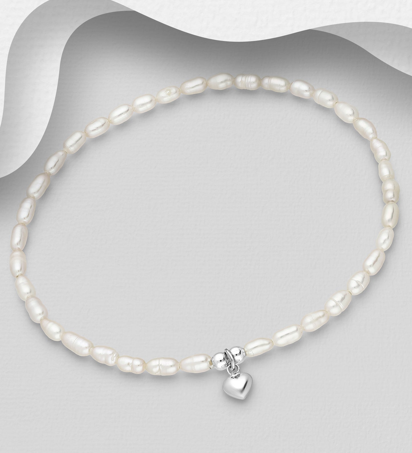 925 Sterling Silver Heart Elastic Bracelet, Beaded with Freshwater Pearls, Shape and Size Will Vary.
