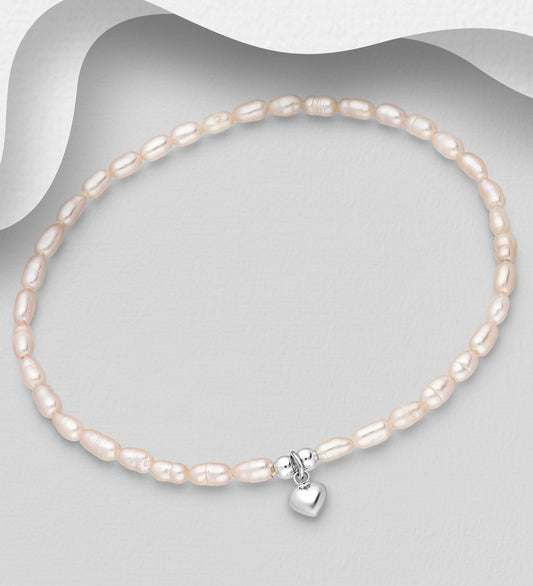 925 Sterling Silver Heart Elastic Bracelet, Beaded with Freshwater Pearls, Shape and Size Will Vary.