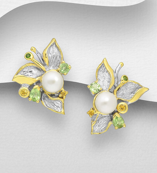 ADIORE - 925 Sterling Silver Leaf Omega Lock Earrings, Decorated with Freshwater Pearls, Yellow Sapphires, Chrome Diopside and Peridots, Plated with 3 Micron 22K Yellow Gold