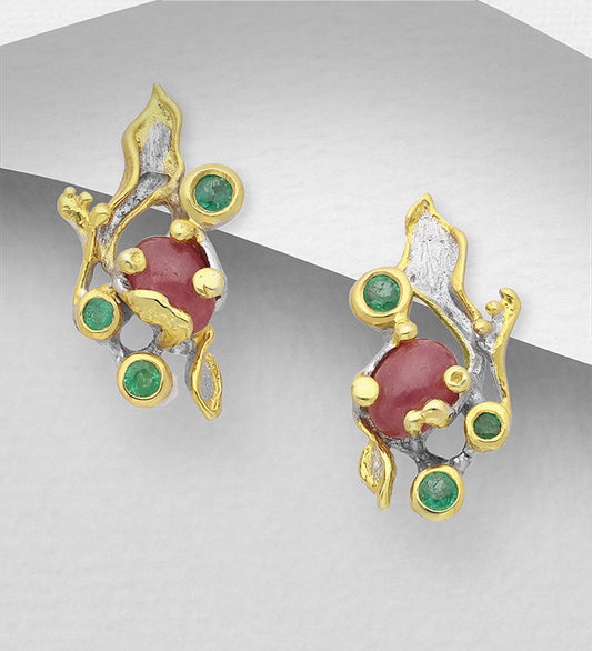 ADIORE - 925 Sterling Silver Push-Back Earrings, Decorated with Emerald and Ruby, Plated with 3 Micron 22K Yellow Gold