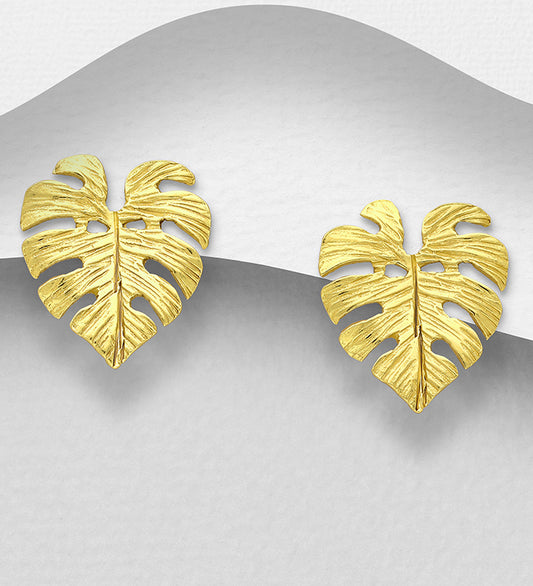 925 Sterling Silver Leaf Push-Back Earrings Plated with 1 Micron 14K Yellow Gold