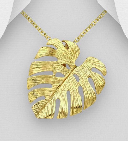 925 Sterling Silver Leaf Pendant Plated with 1 Micron 14K Yellow Gold