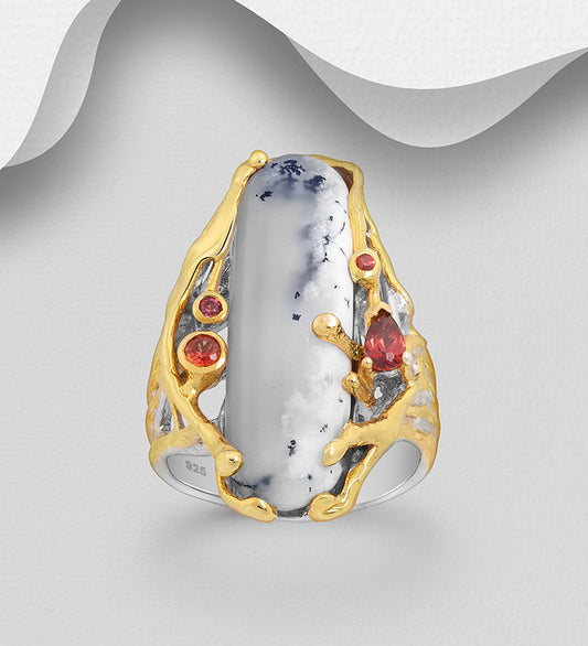 ADIORE - 925 Sterling Silver Ring, Decorated with Orange Sapphires, Dendritic Opal and Garnet, Plated with 3 Micron 22K Yellow Gold and White Rhodium
