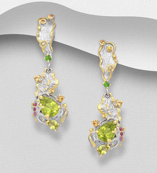 ADIORE - 925 Sterling Silver Push-Back Earrings, Decorated with Rhodolite, Chrome Diopside and Peridot, Plated with 3 Micron 22K Yellow Gold and White Rhodium