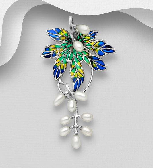 925 Sterling Silver Leaf Brooch and Pendant , Decorated with Freshwater Pearls and Colored Enamel