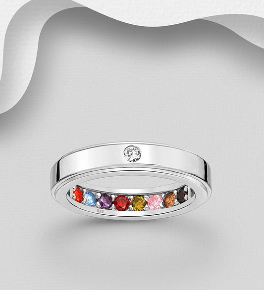 925 Sterling Silver Band Ring, Decorated with Colorful CZ Simulated Diamonds, 4 mm Wide, CZ Simulated Diamond Colors may Vary.