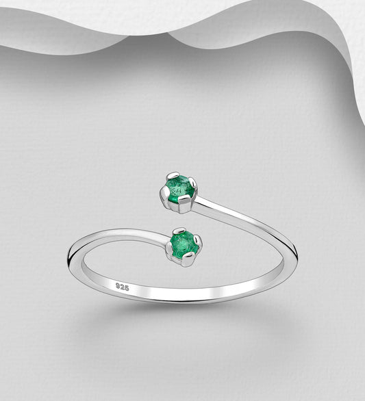 La Preciada - 925 Sterling Silver Adjustable Ring, Decorated with Emerald