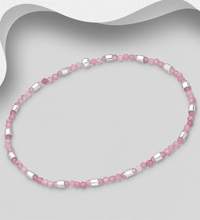 925 Sterling Silver Bracelet, Beaded with Pink Touramline