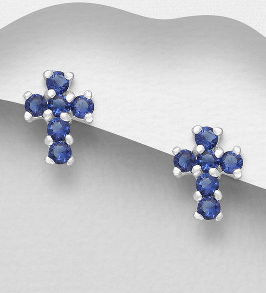 925 Sterling Silver Cross Push-Back Earrings, Decorated with Various Color CZ Simulated Diamonds