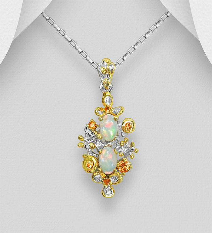 ADIORE - 925 Sterling Silver Necklace, Decorated with Ethiopian Opal, Orange & Yellow Sapphires, Plated with 3 Micron 22K Yellow Gold.