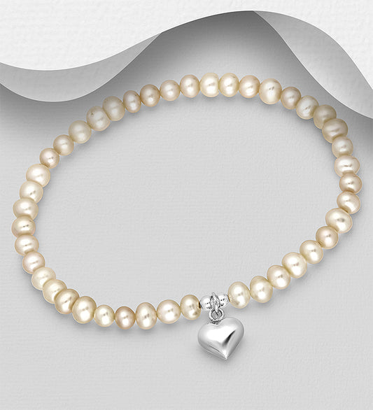 925 Sterling Silver Heart Elastic Bracelet, Beaded with Freshwater Pearls
