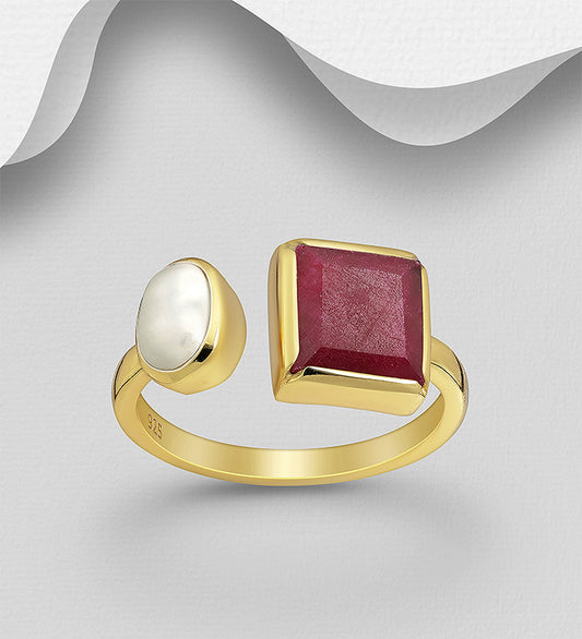 Desire by 7K - 925 Sterling Silver Adjustable Ring, Decorated with Dyed Red Sapphire and Freshwater Pearl, Plated with 0.3 Micron 18K Yellow Gold