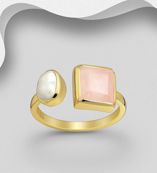 Desire by 7K - 925 Sterling Silver Adjustable Ring, Decorated with Rose Quartz and Freshwater Pearl, Plated with 0.3 Micron 18K Yellow Gold