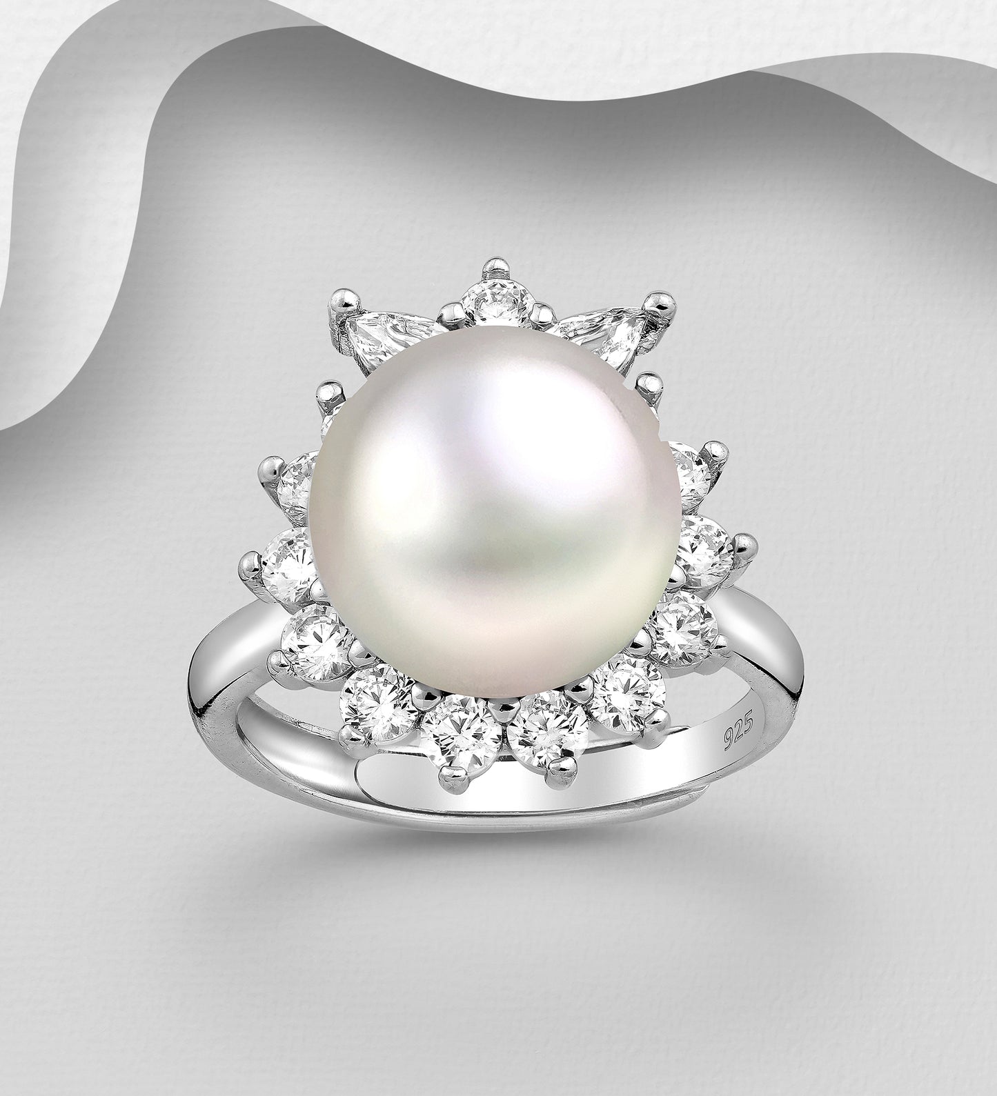 925 Sterling Silver Ring, Decorated with Freshwater Pearls and CZ Simulated Diamonds