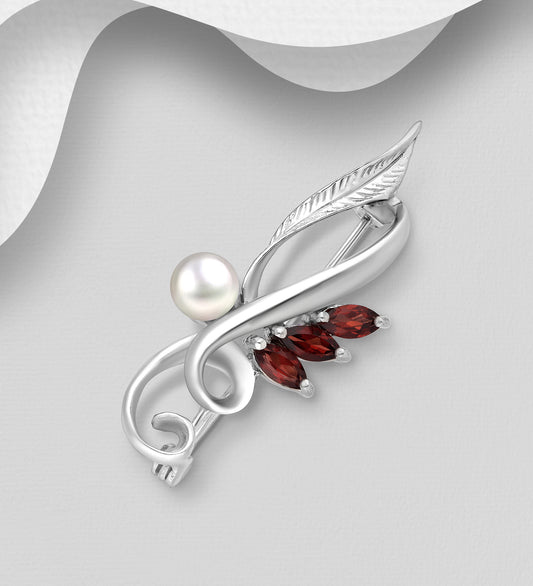 925 Sterling Silver Leaf Brooch, Decorated with Freshwater Pearl and Gemstones