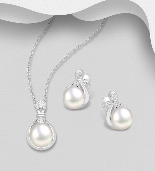 925 Sterling Silver Push-Back Earrings and Pendant Jewelry Set, Decorated with CZ  Simulated Diamond and Freshwater Pearls