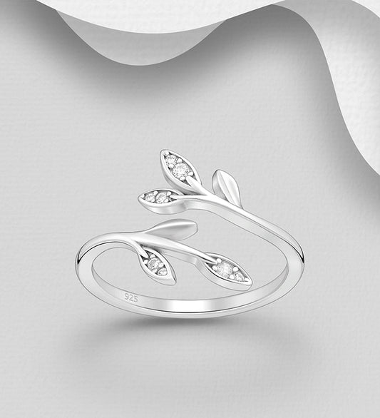 925 Sterling Silver Leaf Adjustable Ring, Decorated with CZ Simulated Diamonds