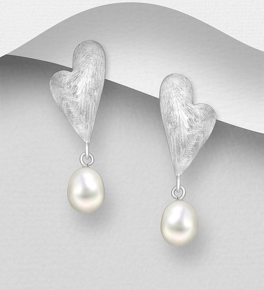 925 Sterling Silver Matt Heart Push Back Earrings, Decorated with Freshwater Pearls