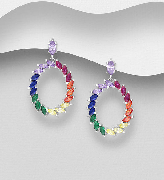 925 Sterling Silver Push-Back Earrings, Decorated with Colorful CZ Simulated Diamonds