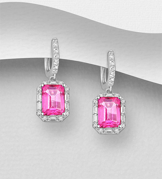 La Preciada - 925 Sterling Silver Omega Lock Earrings, Decorated with Pink Sapphire and CZ Simulated Diamonds