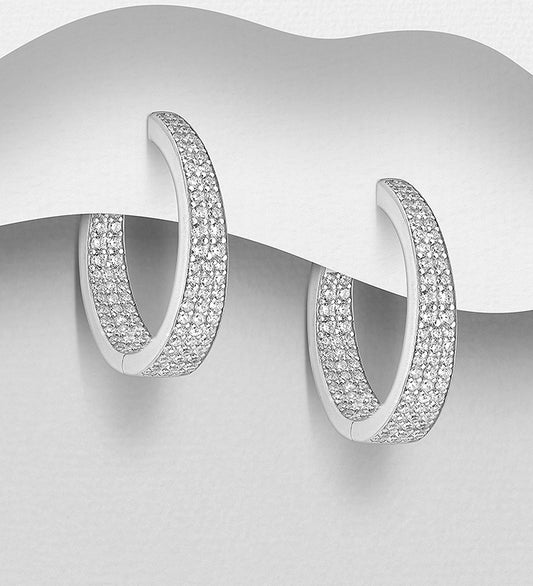 925 Sterling Silver Hoop Earrings, Decorated with CZ Simulated Diamonds