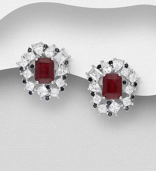 La Preciada - 925 Sterling Silver Omega Lock Earrings, Decorated with Ruby, Black Spinel and CZ Simulated Diamonds